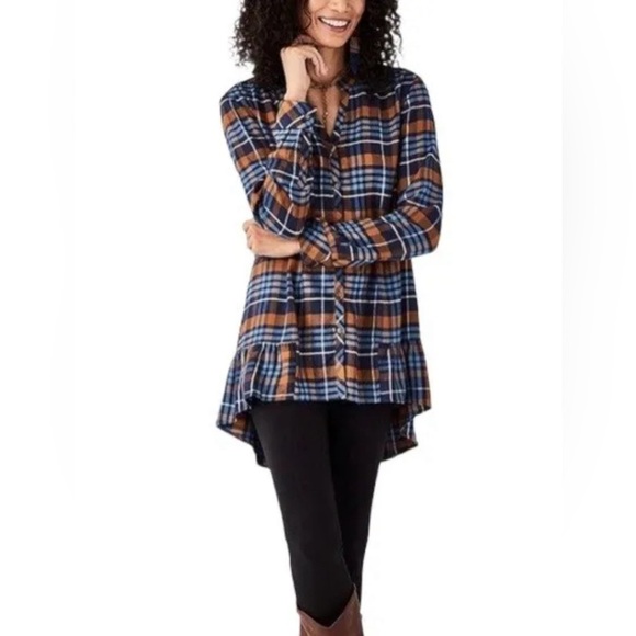 Matilda Jane Top Women’s Small Blue Orange General Store Plaid Tunic Ruffle Hem - Picture 1 of 8